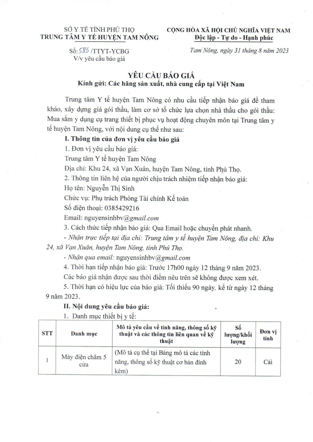 Yêu cầu báo giá trang thiết bị phục vụ chuyên môn