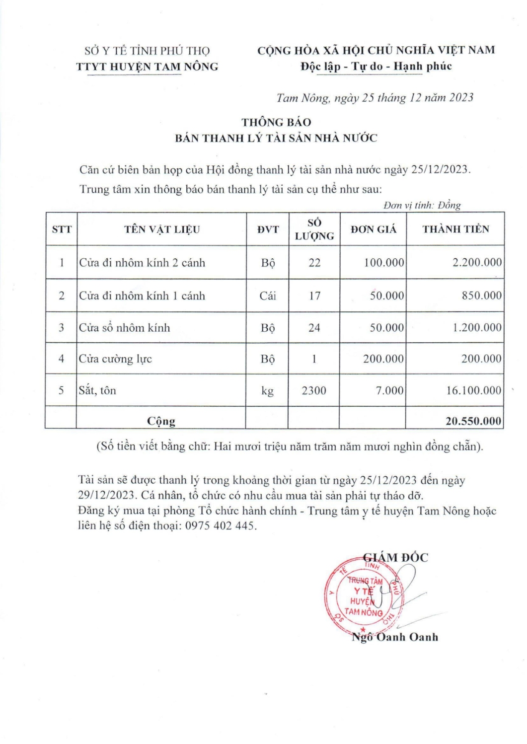 THÔNG BÁO BÁN THANH LÝ TÀI SẢN NHÀ NƯỚC TTYT TAM NÔNG