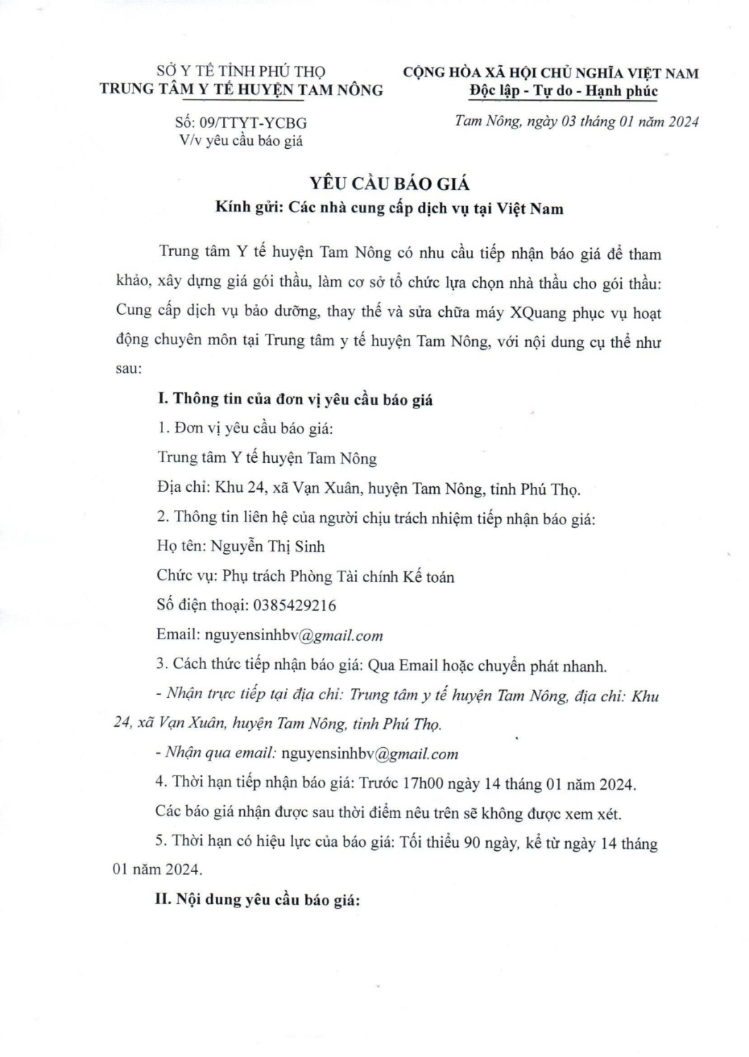 Yêu cầu báo giá bảo dưỡng máy X-quang