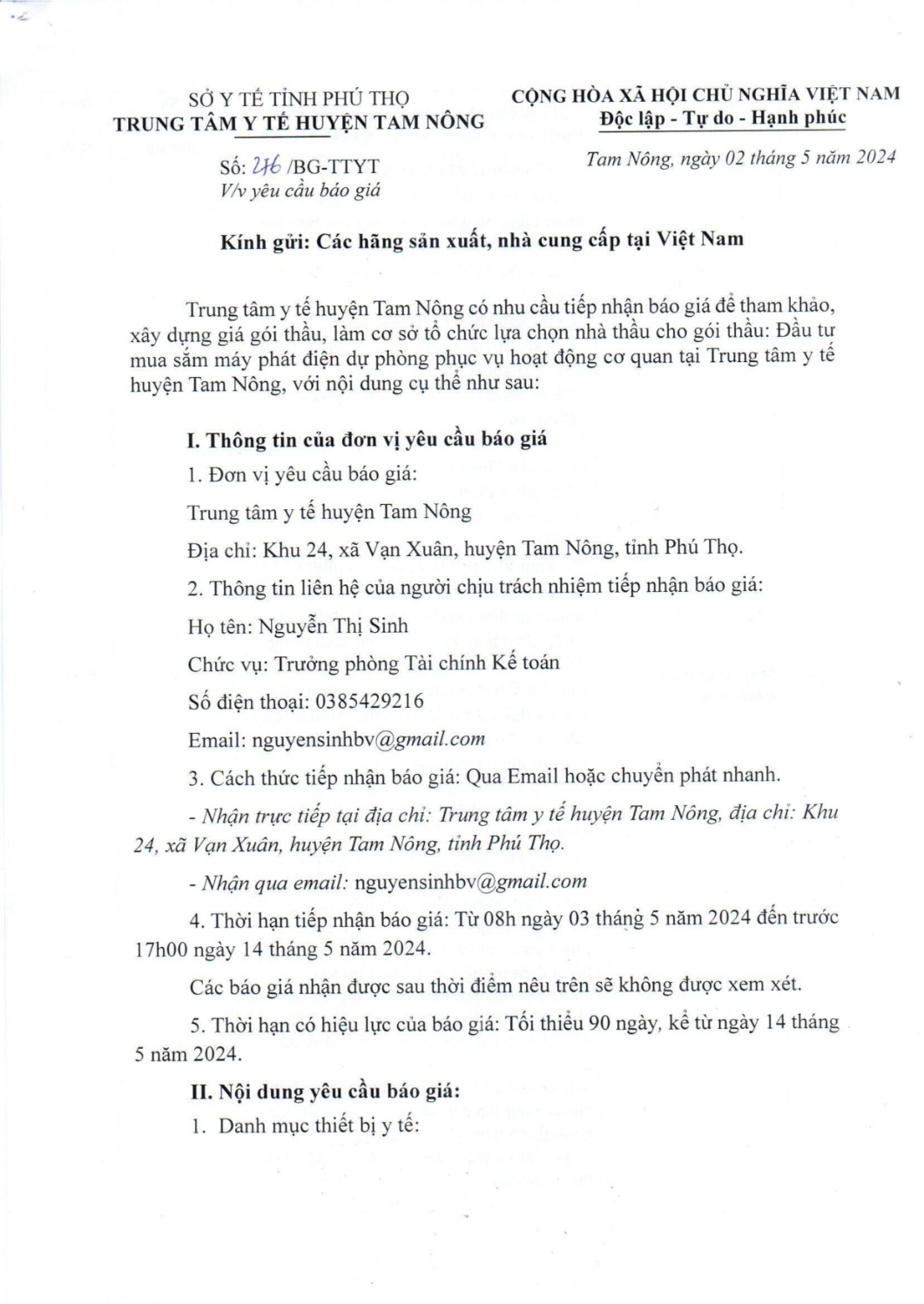 YÊU CẦU BÁO GIÁ MUA SẮM MÁY PHÁT ĐIỆN DỰ PHÒNG hình ảnh 0