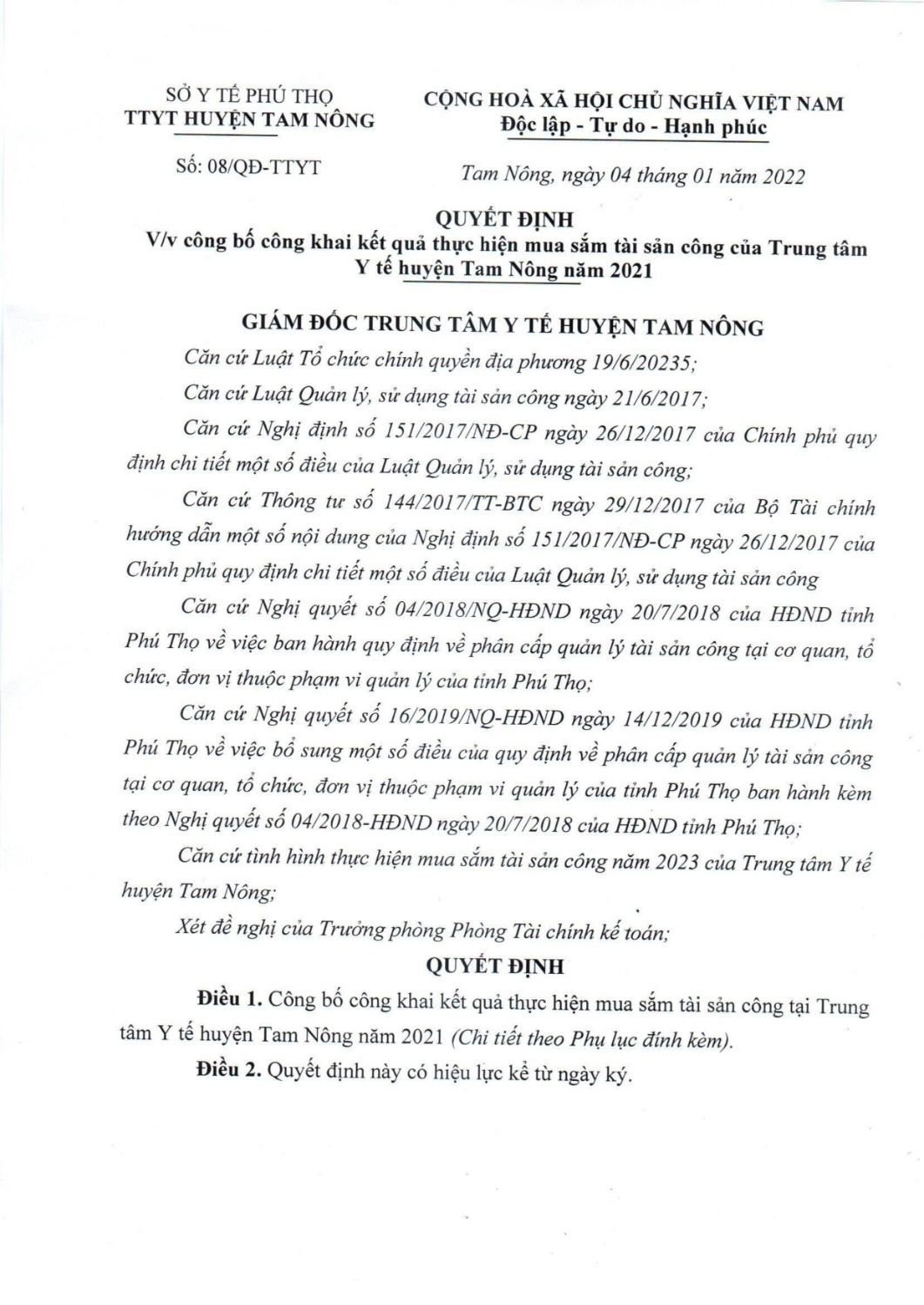 QĐ 08 CÔNG BỐ CÔNG KHAI MUA SẮM TÀI SẢN CÔNG 2021 hình ảnh 0
