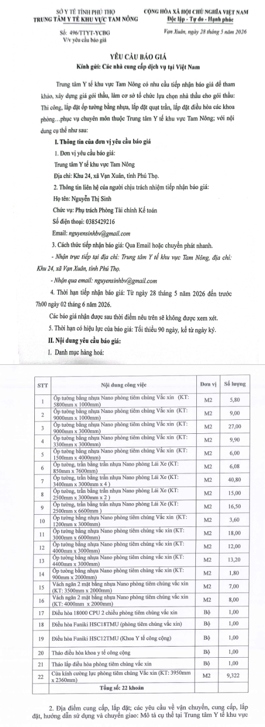 Yêu cầu báo giá số 496/TTYT-YCBG