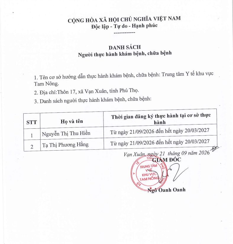 danh sach thuc hanh kham chua benh 21 9 2026